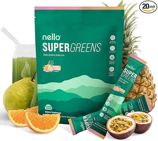 Supergreens Premium Superfood Greens Drink Mix w/Chlorella, Moringa, Spinach & Broccoli + Digestive Enzymes & Probiotic Blend -Nutrient-Packed Powder Wellness (Orange 20 SRV, Travel Pack)