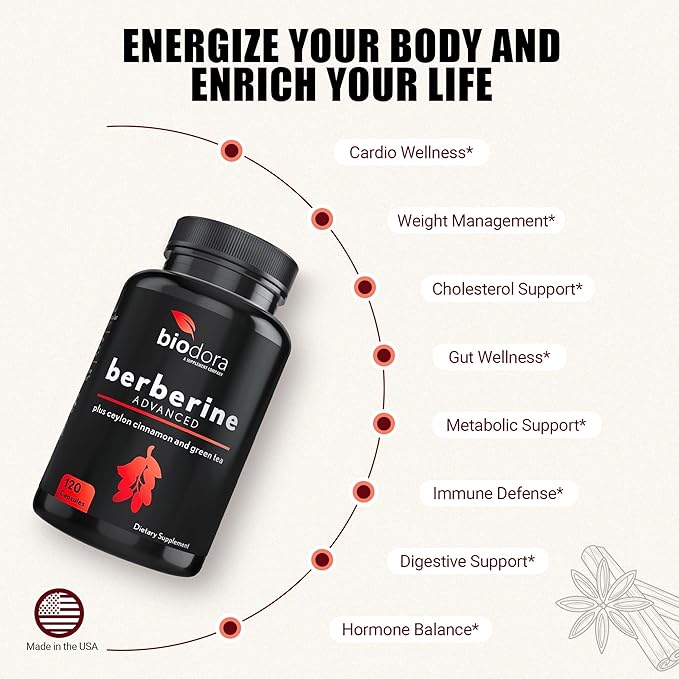 Berberine Advanced Plus with 1200mg Berberine - 100mg Ceylon Cinnamon and 100mg Green Tea Extract - 1400mg Per Dose -120 Capsules - 60 Day Supply - Supports Immune and Cardiovascular