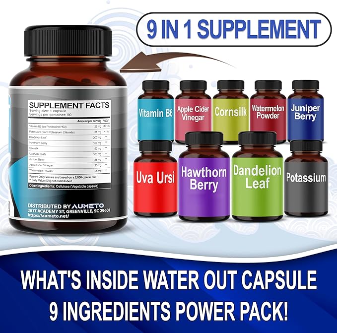 Ultra Natural Water Out Pills with Uva Ursi Hawthorn Berry Dandelion Corn Silk - Full Body Cleanse and Kidney & Stomach Support (90 Count (Pack of 1))