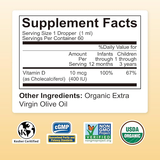 Nature's Nutra Sunshine Vitamin D3 400IU, 2 Fl. Oz (60ml), Premium Baby and Infant Liquid Drops, Toddlers Kids Children Multivitamin Supplement, Non-GMO, Plant Extract