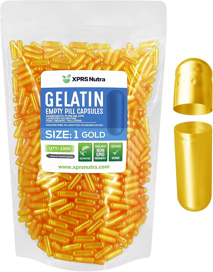 XPRS Nutra Size 1 Empty Capsules - 1000 Count Empty Gelatin Capsules - Pill DIY Capsule Filling - Pure Bovine Pill Gel Caps for Do-It-Yourself Supplements (Gold)