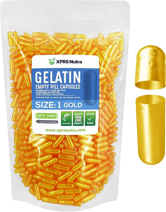 XPRS Nutra Size 1 Empty Capsules - 1000 Count Empty Gelatin Capsules - Pill DIY Capsule Filling - Pure Bovine Pill Gel Caps for Do-It-Yourself Supplements (Gold)