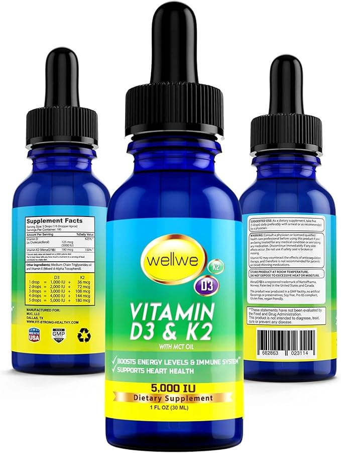 Vitamin D3 K2 Liquid Drops - Vegan Vitamin D3 5000 IU, Vitamin D Drops Adult, No Fillers, Non-GMO, No Taste, Liquid Vitamin d3 with k2 Supplement to Boost Energy Levels, Mood, Immune System, 1 fl oz
