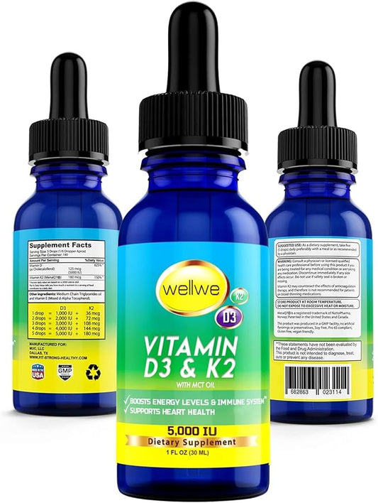 Vitamin D3 K2 Liquid Drops - Vegan Vitamin D3 5000 IU, Vitamin D Drops Adult, No Fillers, Non-GMO, No Taste, Liquid Vitamin d3 with k2 Supplement to Boost Energy Levels, Mood, Immune System, 1 fl oz