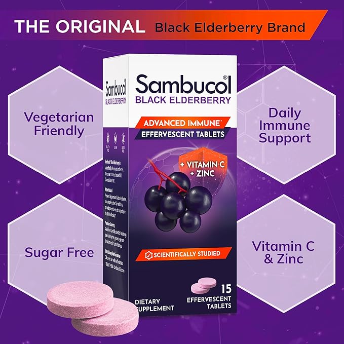 Sambucol Black Elderberry Tablets with Vitamin C & Zinc - Immune Support Supplement, Black Elderberry with Zinc and Vitamin C, High Antioxidants, Drink Fizzies - 15 Tablets
