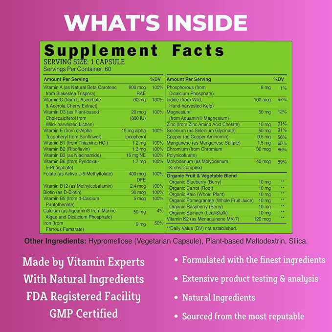 grow vitamin One Daily Multivitamin for Women - Energy Support - Whole Food Supplement to Nourish Hair, Skin, Nails - Non-GMO - No Soy - Gluten Free - 60 Capsules - 2 Month Supply