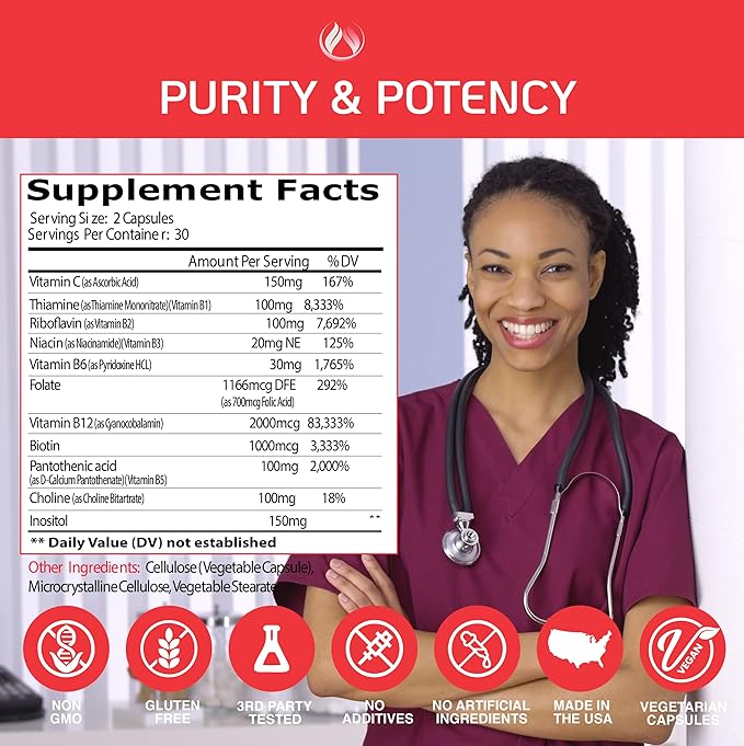 THE ENCLARE NUTRITION Vitamin B12 - B Complex Vitamins Supplement-Energy Metabolism, Nervous System Support, Brain, Heart, Tissue Health with Vitamin C & B(1,2, 3,5,6,7,8,9,12) Vegan Max Strength (3)