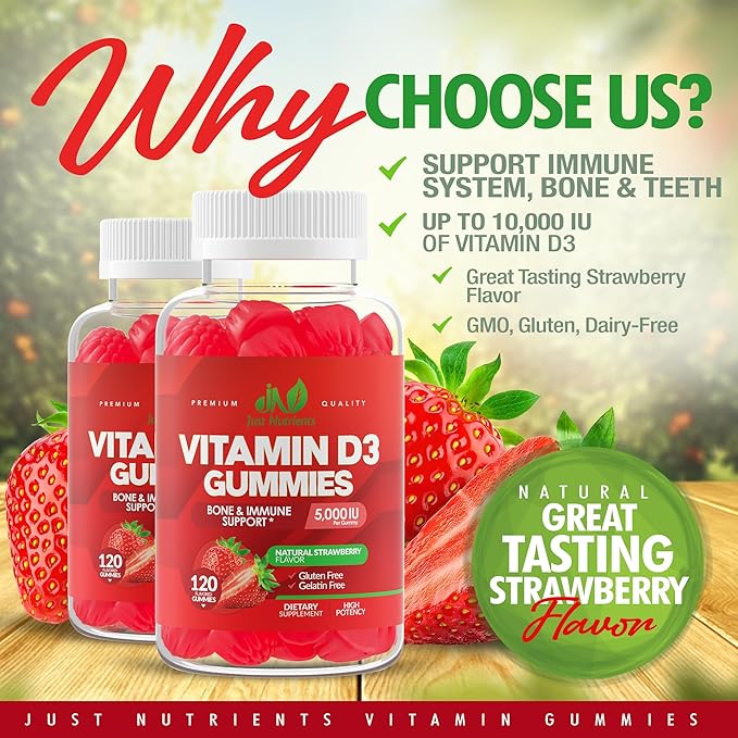 Vitamin D3 5000IU / 10,000IU Gummies for Adults & Kids (120 Count) - Maximum Strength Support for Immune System, Bones & Teeth - Gluten-Free, Non-GMO, Great Tasting Strawberry Flavor - 4 Month Supply