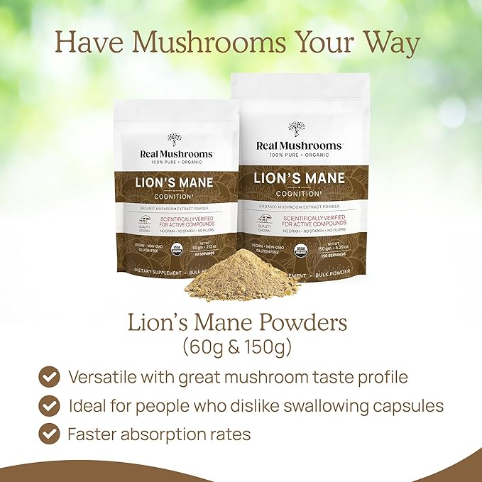 Real Mushrooms Lions Mane Powder - Organic Mushroom Extract for Cognitive Function Immune Support Brain Supplements Memory and Focus Vegan Supplement, 150 Servings