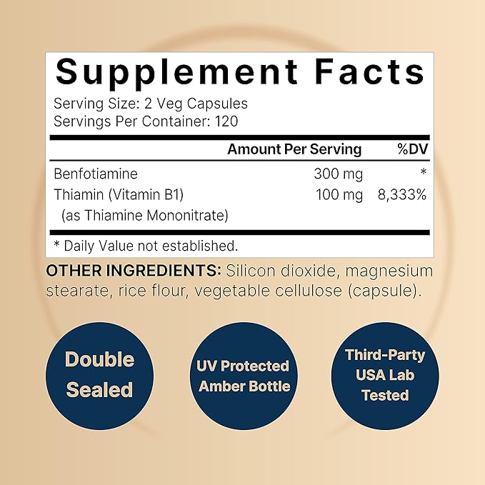 NatureBell Benfotiamine 300mg with Thiamine 100mg Per Serving | 240 Veggie Capsules – Essential Vitamin B1 Benfotiamine Supplement – Vegetarian Friendly