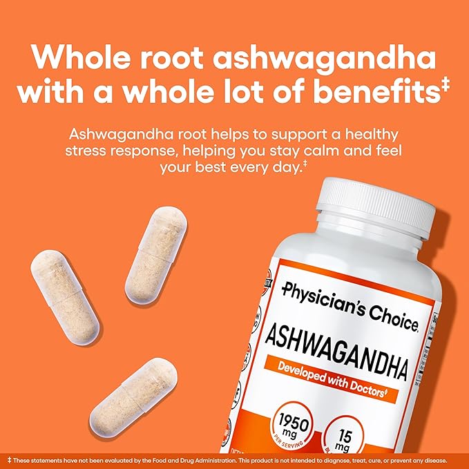 Physician's CHOICE Ashwagandha 1950mg Organic Ashwagandha Root Powder with Black Pepper Extract, Stress Support, Mood Support Supplement, 90 Veggie Ashwagandha Capsules - 2 PCK