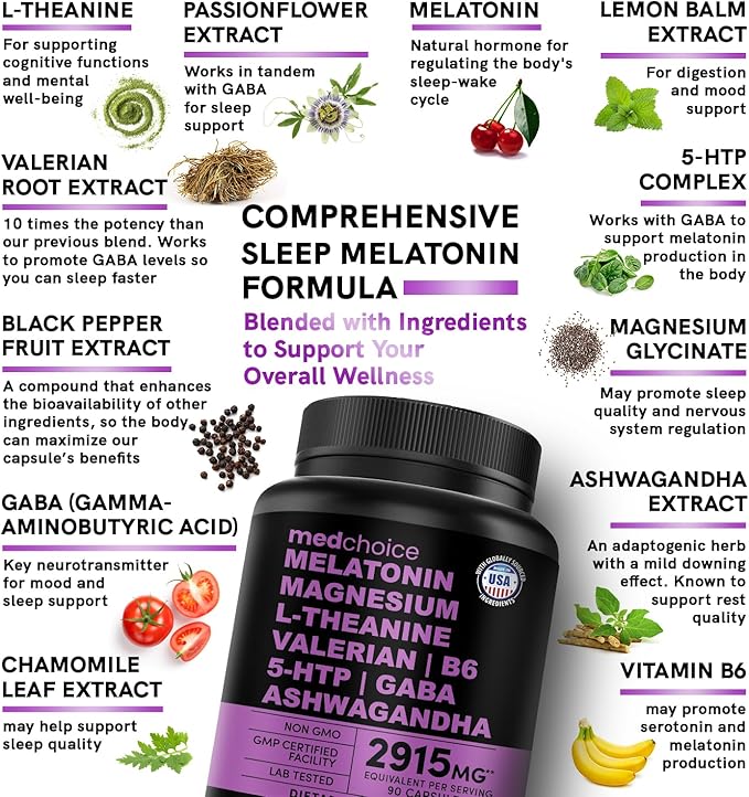12-in-1 Melatonin Sleep Capsules - Natural Sleep Aids for Adults with Melatonin 5mg and Magnesium Glycinate 500mg, Sleep Aid with Ashwagandha, L Theanine, Valerian Root, GABA, 5-HTP (90ct, Pack of 2)