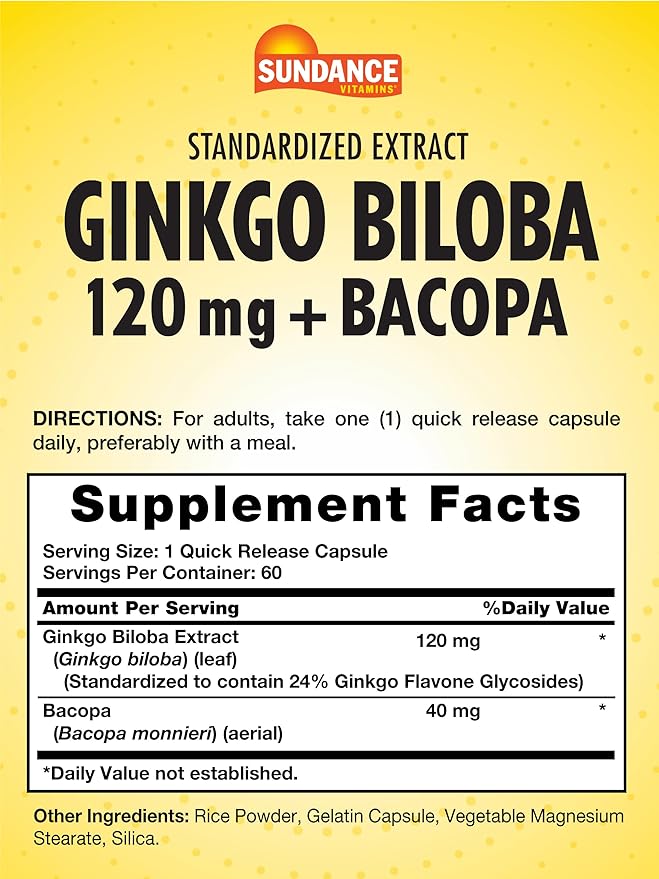 Sundance Ginkgo Biloba Capsules | 120mg | Standardized Extract with Bacopa | Gluten Free Traditional Herb Supplement
