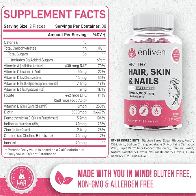 enliven Biotin Hair Skin and Nail Vitamins | Biotin Gummies 5000mcg + for Hair Growth, Skin Care, and Stronger Nails | Berry Flavor (60 Gummies)