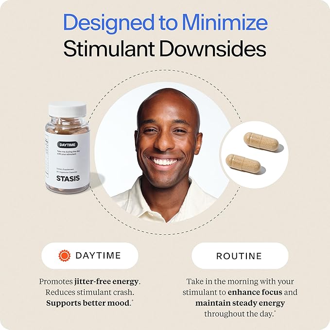 Stasis Daytime Energy & Focus Supplement to Pair with Your Stimulant - New & Improved Formula for All-Day Energy, Mood & Brain Support - Nootropics with Added CoQ10 & Rhodiola Rosea (25 Servings)