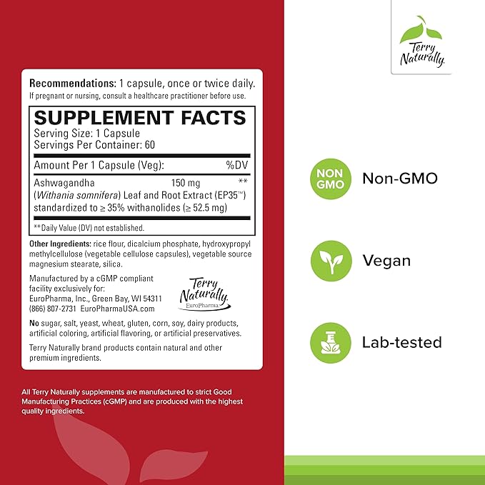 Terry Naturally Ashwagandha EP35 Extra Strength - Herbal Supplement for Sleep Support - Aid Healthy Stress Response - Endurance & Energy Support - 60 Capsules (60 Servings)