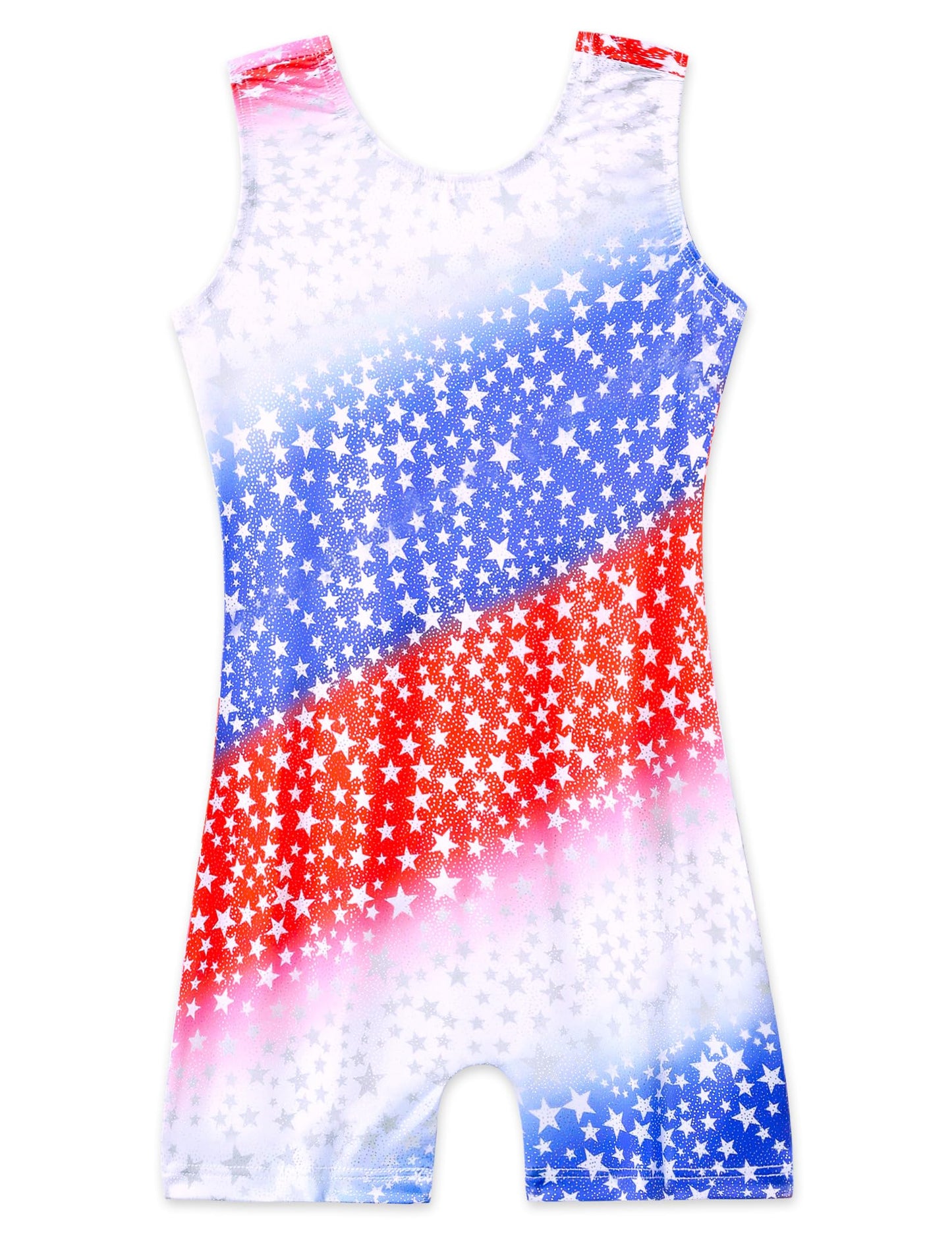 Domusgo Leotard for Girls Gymnastics Size 5-6 Years Old Sparkly Red White Blue Star Biketard with Shorts
