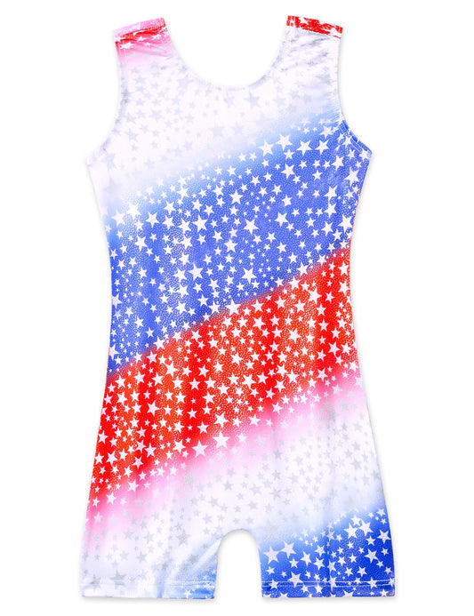 Domusgo Leotard for Girls Gymnastics Size 5-6 Years Old Sparkly Red White Blue Star Biketard with Shorts