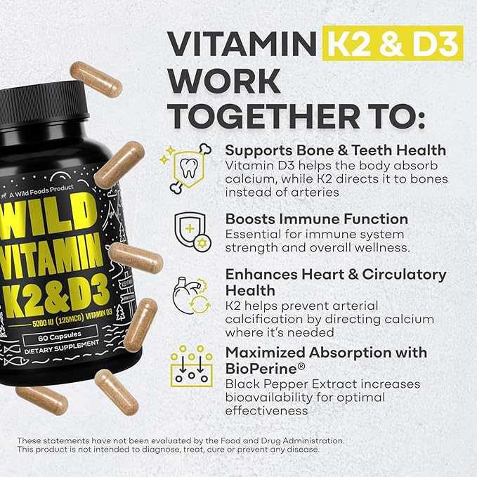Wild Foods 5000iu Vitamin D3 + K2 | (100mcg Mk7) with Black Pepper Extract, Plant-Based, Non-GMO, Soy & Gluten-Free | Dietary Supplement | Made in USA | 60 Capsules