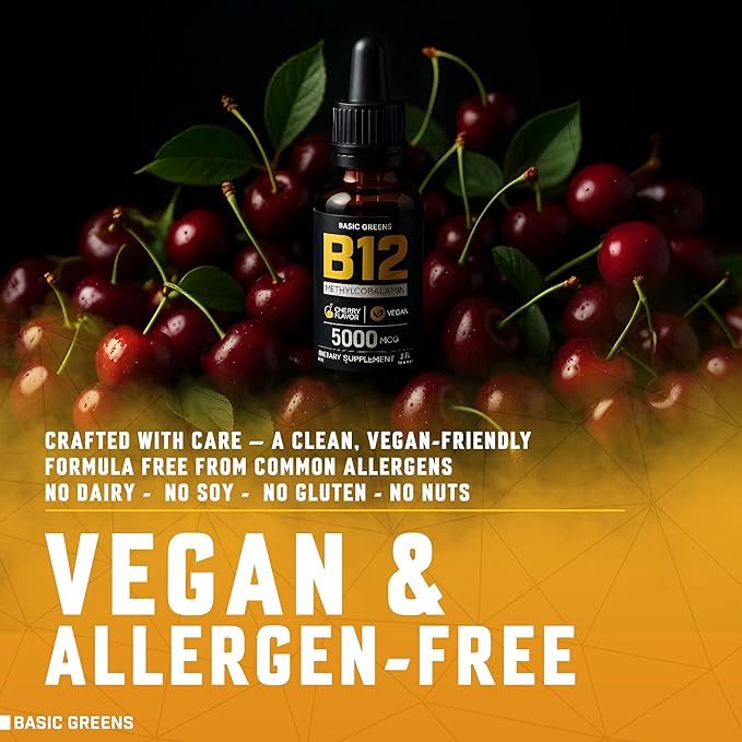 Vitamin B12 Sublingual (Vegan) 2 Fl Oz - Methylcobalamin B12 Vitamins 5000 mcg, B12 Liquid Drops, Methyl B12, Cherry Flavor