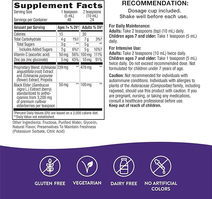 Nature's Way Sambucus Immune Syrup, Elderberry Extract, Vitamin C, Zinc, Echinacea, Propolis, Daily Immune Support*, Antioxidant Support*, Gluten free, Vegetarian, 8 Fl Oz