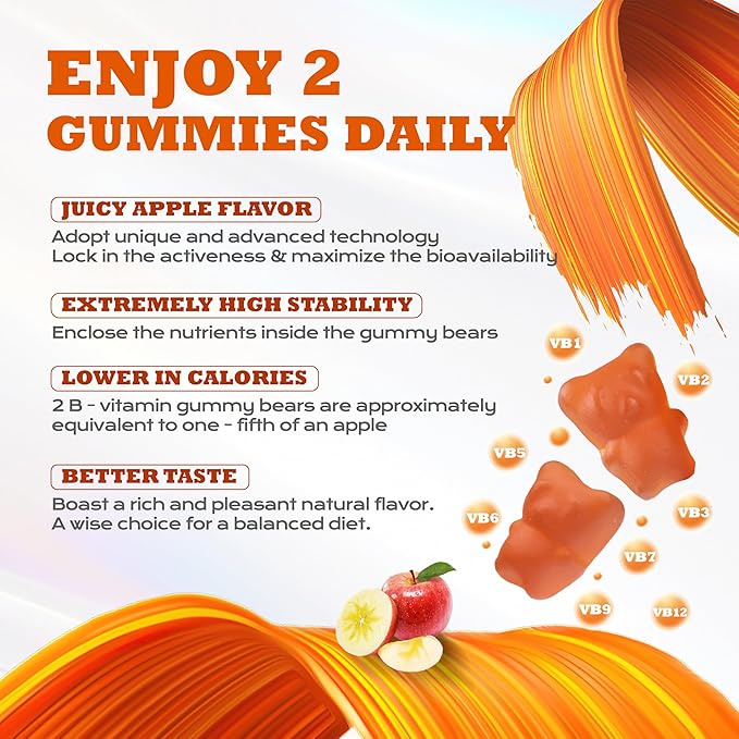 Vitamin B Complex Gummies for Adults & Kids - 120 Count Apple Flavored, with B12, Biotin, Folic Acid, Niacin (3g Per Gummy) | Energy Metabolism & Hair Support | Non-GMO, Vegan