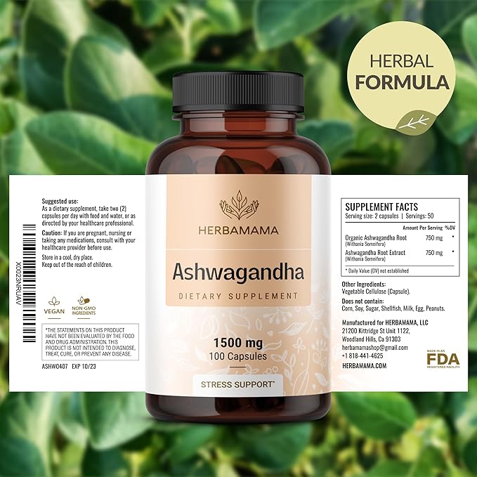 HERBAMAMA Ashwagandha Capsules - 1500mg Pure Ashwagandha Root Focus Supplement - Vegan, Non-GMO Mood & Calm Support Supplement for Adults, 100 Caps