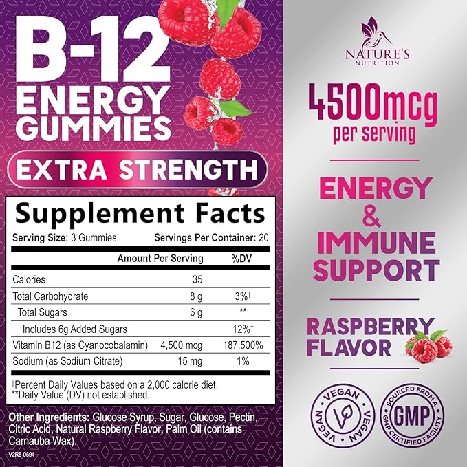 B-12 Vitamin Energy Gummies - 4500mcg Extra Strength B12 Gummy Chewables for Energy Metabolism & Immune Support - Dietary Supplement for Women, Men, & Kids - Non-GMO, Vegan, Berry Flavor - 60 Count