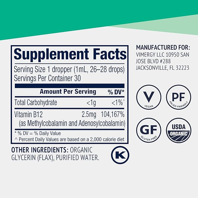Vimergy Liquid B12 – Fast-Absorbing Brain Support – Energy Support Supplement – USDA Certified Organic, Vegan, Non-GMO – 30 Servings (30 mL)