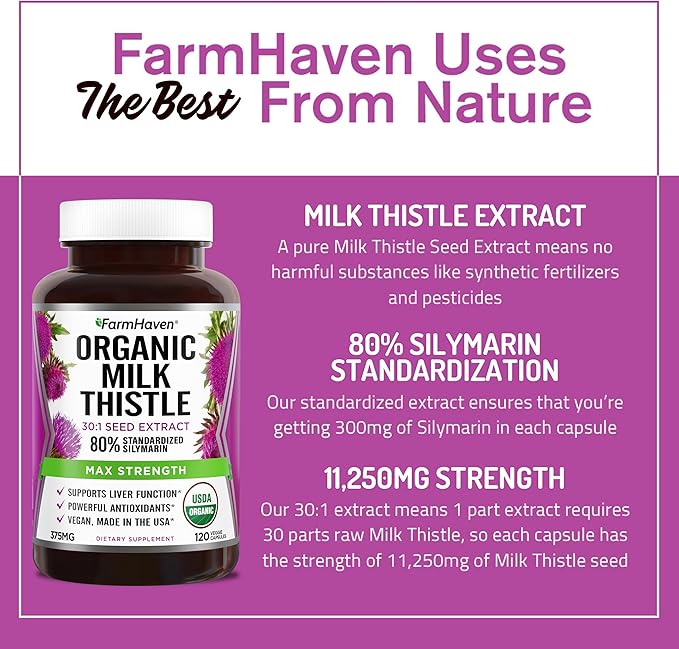 FarmHaven USDA Organic Milk Thistle Capsules | 30X Concentrated Seed Extract & 80% Silymarin Standardized - Supports Liver Function and Overall Health | Non-GMO | 240 Veggie Capsules