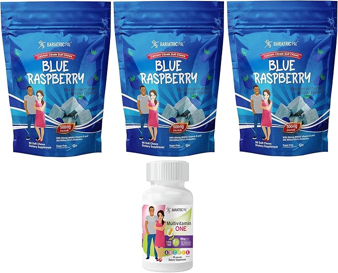 BariatricPal 90-Day Bariatric Vitamin Bundle (Multivitamin ONE 1 per Day! Capsule with 60mg Iron and Calcium Citrate Soft Chews 500mg with Probiotics - Blue Raspberry)