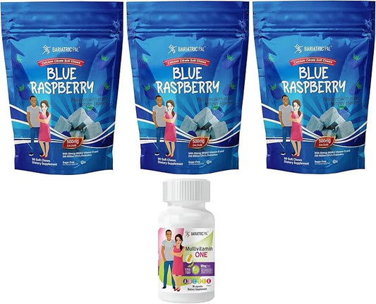 BariatricPal 90-Day Bariatric Vitamin Bundle (Multivitamin ONE 1 per Day! Capsule with 60mg Iron and Calcium Citrate Soft Chews 500mg with Probiotics - Blue Raspberry)