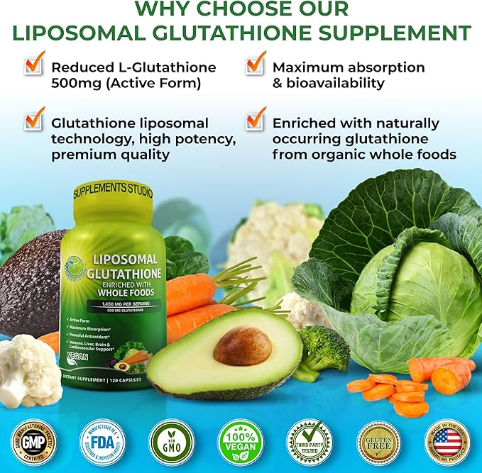 SUPPLEMENTS STUDIO Total Immune Support & Antioxidant Bundle – Liposomal Glutathione 500mg + Liposomal Vitamin C Liquid Gel 1100mg + Quercetin 500mg with Bromelain, Zinc & Organic Whole Foods