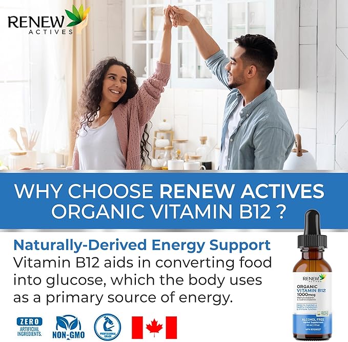 Renew Actives Premium B12 Liquid Extract Supplement 1000MCG per 1 ml – Vegan Drops with High-Potency Complex for Healthy Skin, Strong Nails, Vibrant Hair & Immune Support– Made in Canada - 30 ml