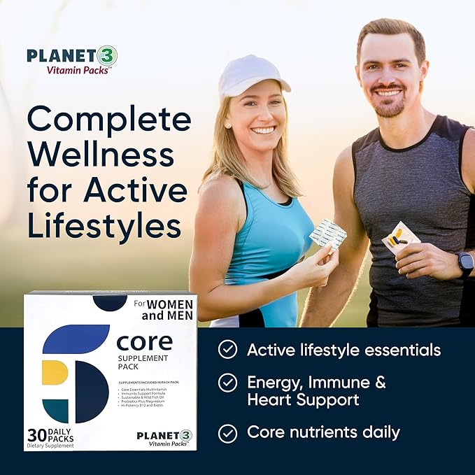Planet 3 Vitamin Packs with Core Supplements | Heart, Eye and Immune Support with Elderberry Vitamin C and Zinc, Multivitamin, Omega 3, Vitamin D, Biotin, B12, Lutein, Daily Vitamins for Men and Women