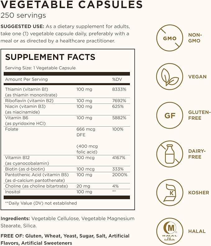 Solgar B-Complex "100", 250 Vegetable Capsules - Heart Health - Nervous System Support - Supports Energy Metabolism - Non-GMO, Vegan, Gluten Free, Dairy Free, Kosher, Halal - 250 Servings