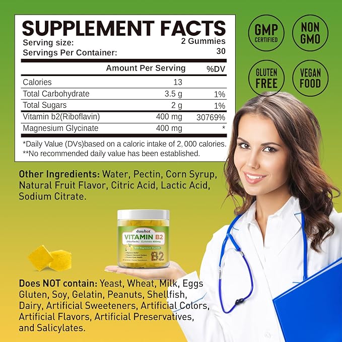 Vitamin B2 Gummies with Magnesium- Riboflavin 400mg for Migraine Relief & Headache Relief, B2 Vitamins Gummies for Adults & Kids, Vegan, 60 Chewable