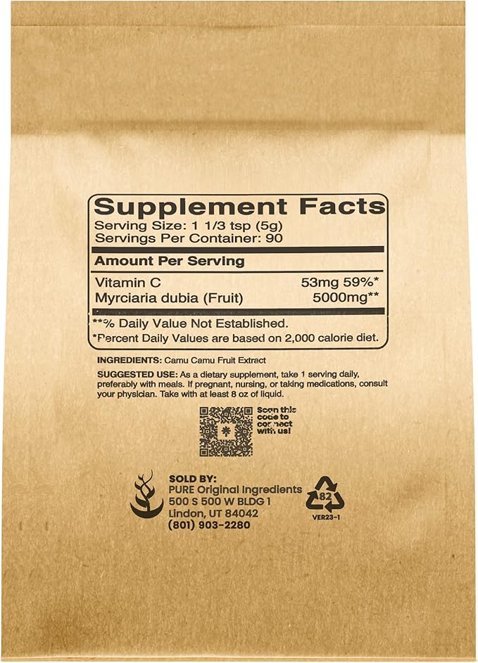 PURE ORIGINAL INGREDIENTS Camu Camu (1lb) Vitamin C, Brazilian Superfood, Lab-Verified, Non-GMO