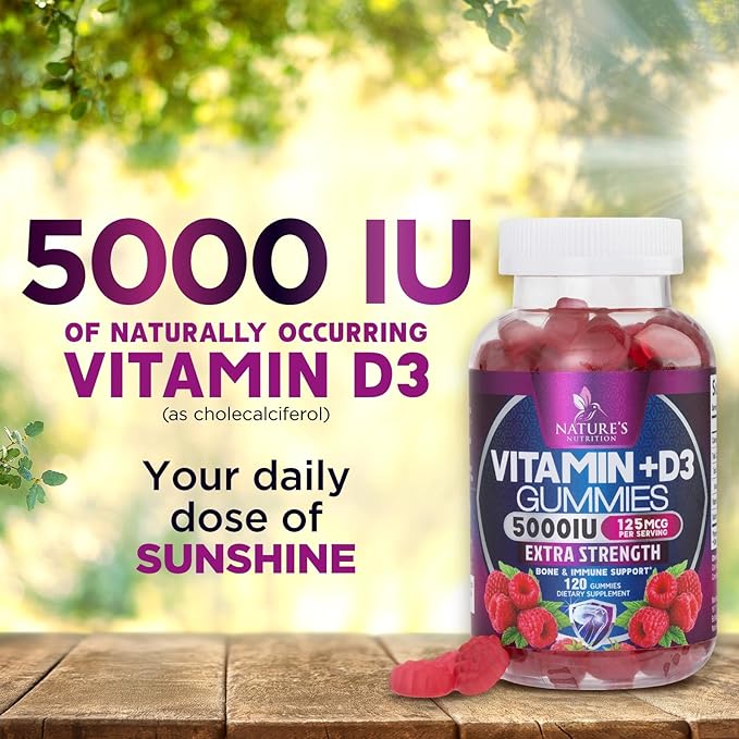 Vitamin D3 Supplement Gummy 5000 IU (125 mcg) Dietary Vitamins D for Men & Women - Bone, Teeth, Muscle and Immune Health Support, High Potency VIT D3 Nature's Non-GMO & Gluten Free - 120 Gummies