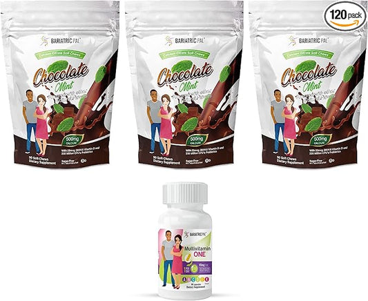 BariatricPal 90-Day Bariatric Vitamin Bundle (Multivitamin ONE 1 per Day! Capsule with 45mg Iron and Calcium Citrate Soft Chews 500mg with Probiotics - Chocolate Mint)