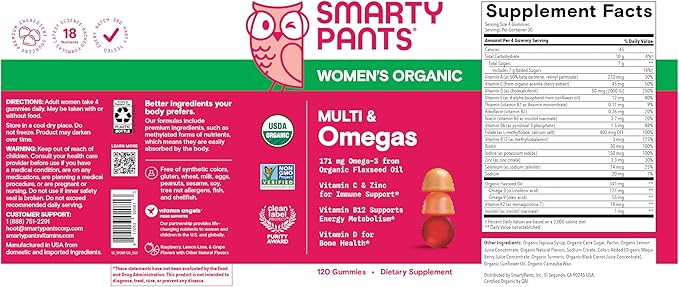 SmartyPants Organic Women's Multivitamin Gummies: Biotin, Methylfolate, Omega 3 (ALA), Vitamin D3, C, Vitamin B12, B6, A, K & Zinc, Inositol, Gluten Free, Vegetarian, 120 Count (30 Day Supply)