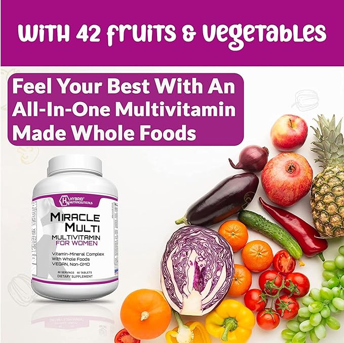 Hybrid Nutraceuticals MiracleMulti Women Multivitamin with Probiotics, Biotin, Folic Acid, Enzymes + Fruit & Vegetable Blend - Immune Support, Heart Health, Energy: 60 Servings (Non-GMO) (2)