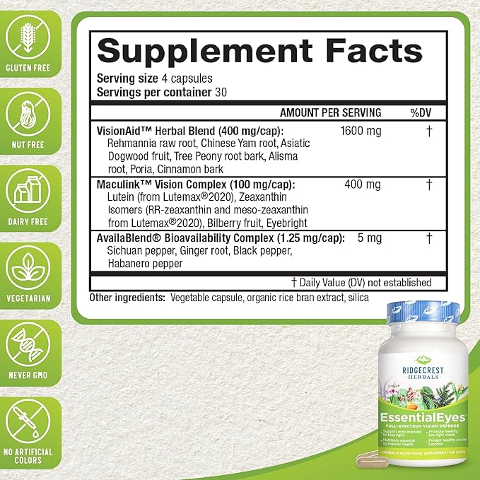 Ridgecrest Herbals EssentialEyes, Natural Eye Vitamin Supplements, Contains Lutein, Zeaxanthin, Bilberry Extract, Supports Eye and Vision Health (120 Vegan Caps, 30 Serv)