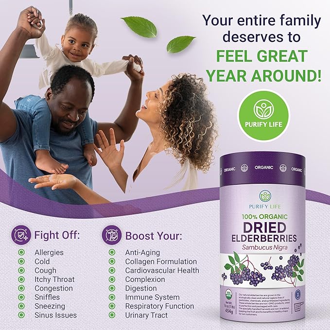 USDA Organic Dried Elderberries 1lb Bulk (Safest Packaging, Resealable Bag, BPA-Free Scoop) Natural, non-irradiated, Raw Whole Black Elderberry, Immune Support, Make Sambucus Elderberry Syrup, 1 Pound