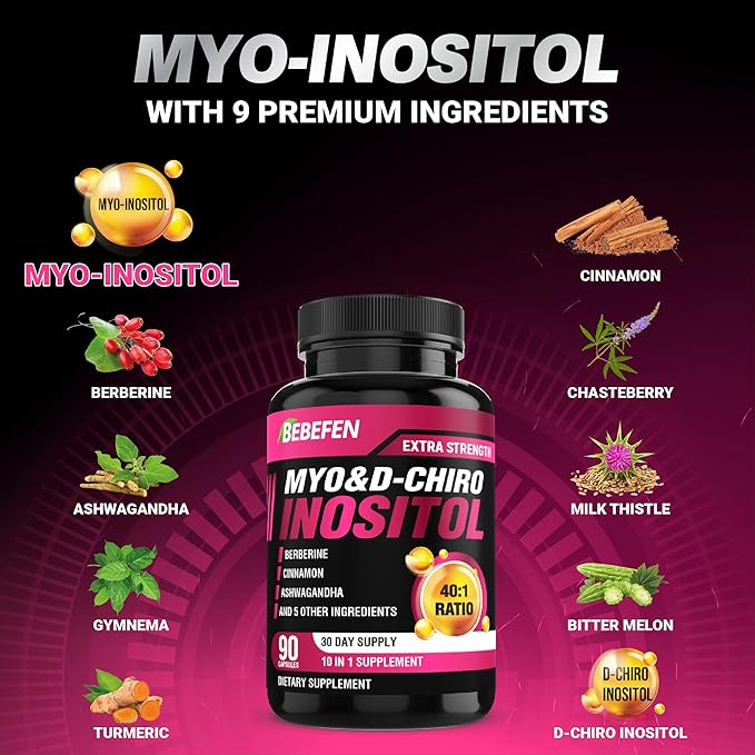 BEBEFEN Inositol Supplement - Myo-Inositol and D-Chiro Inositol Ideal 40:1 Ratio - Plus Berberine, Cinnamon, Ashwagandha + 5 More - 90 Capsules