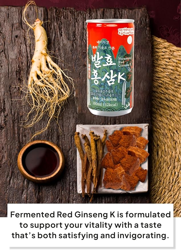 Korean Food Red Ginseng Drink Liquid with with Siberian Chaga Mushroom, 9 Dried Fermented Ginseng, Vegan15 Cans x 180ml (6.08 fl oz Each), Total 2.7L (91.2 fl oz) Naturecell, Great for Gifts, 발효 홍삼K
