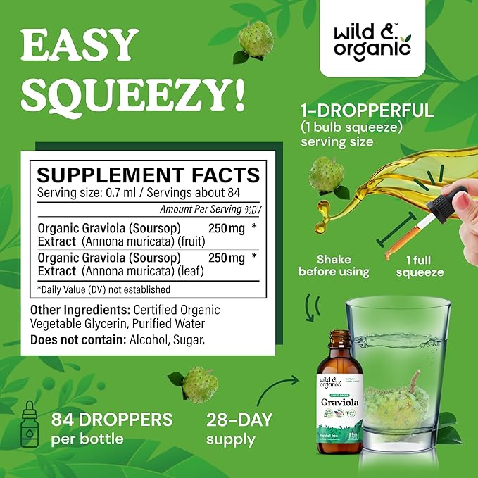 Wild & Organic Soursop Graviola Liquid Drops - Guanabana Leaves & Soursop Fruit Tincture for Antioxidant Support - Graviola Leaf Extract Supplement - Vegan, Sugar & Alcohol-Free - 2 fl oz