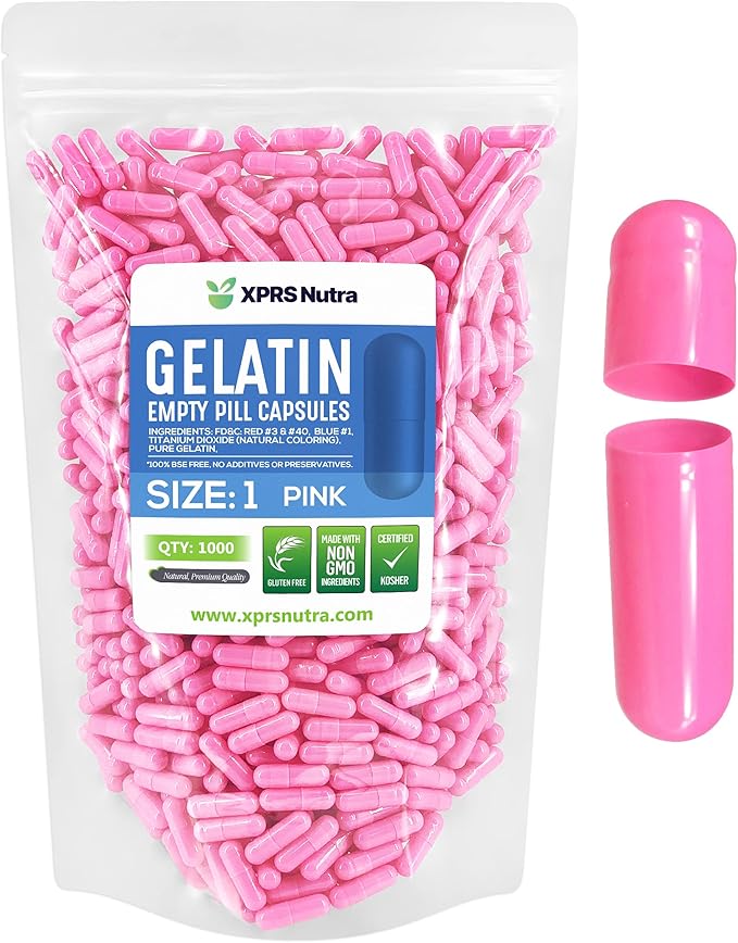 XPRS Nutra Size 1 Empty Capsules - 1000 Count Empty Gelatin Capsules - Pill DIY Capsule Filling - Pure Bovine Pill Gel Caps for Do-It-Yourself Supplements (Pink)
