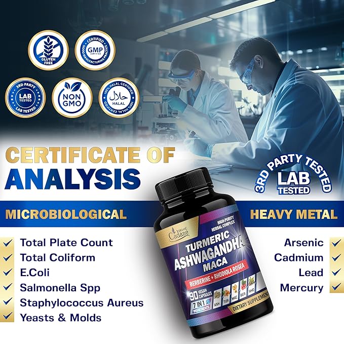 Organic Cadane Ashwagandha Supplements - Memory, Immune System & Strength Support - 7in1 Concentrated with Turmeric, Maca Root, Berberine & More - 90 Vegan Capsules for 3-Month Supply