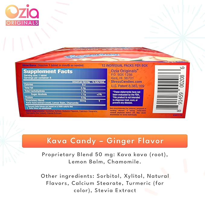 Ozia Originals Kava Kava Candy - 8 Kava Candies Per Pack, Kava Extract Stress Relief Supplement, Natural Kava Root Chill Happy Pill, Encourages Positive Mood - Ginger Mint Flavor, 1 Box (12 Packs)